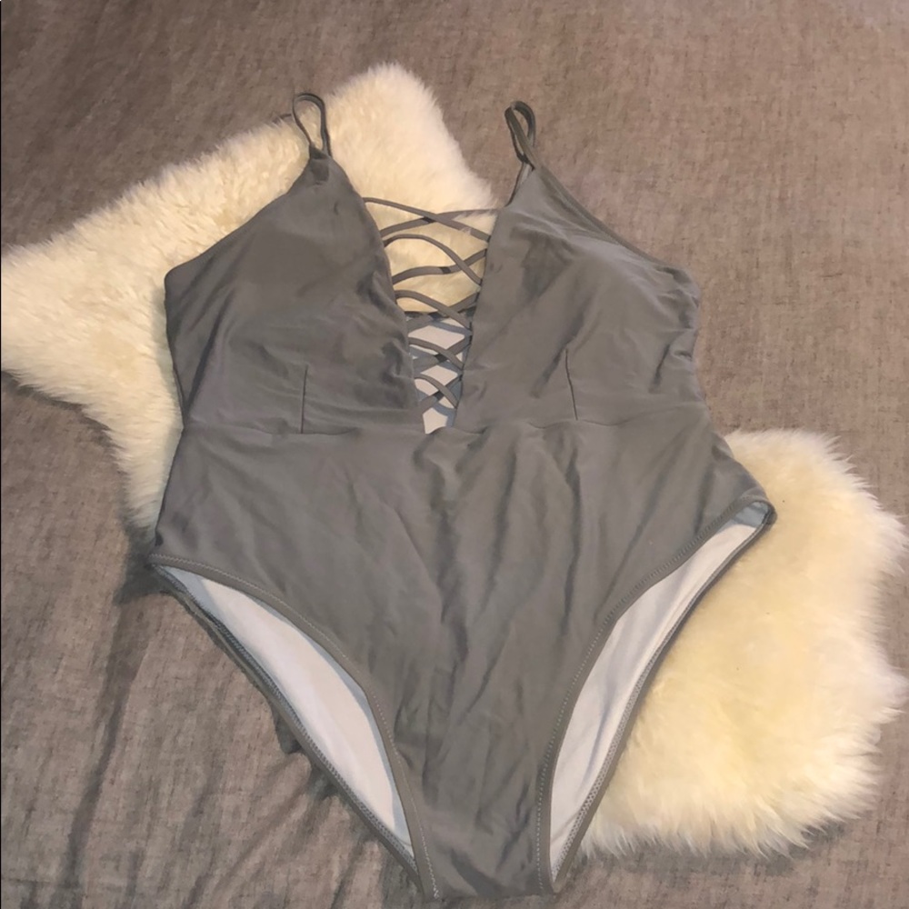 Grey deep cut lace up bathing Suit